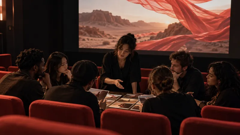 Concept image of a small creative workshop with participants reviewing visual work.